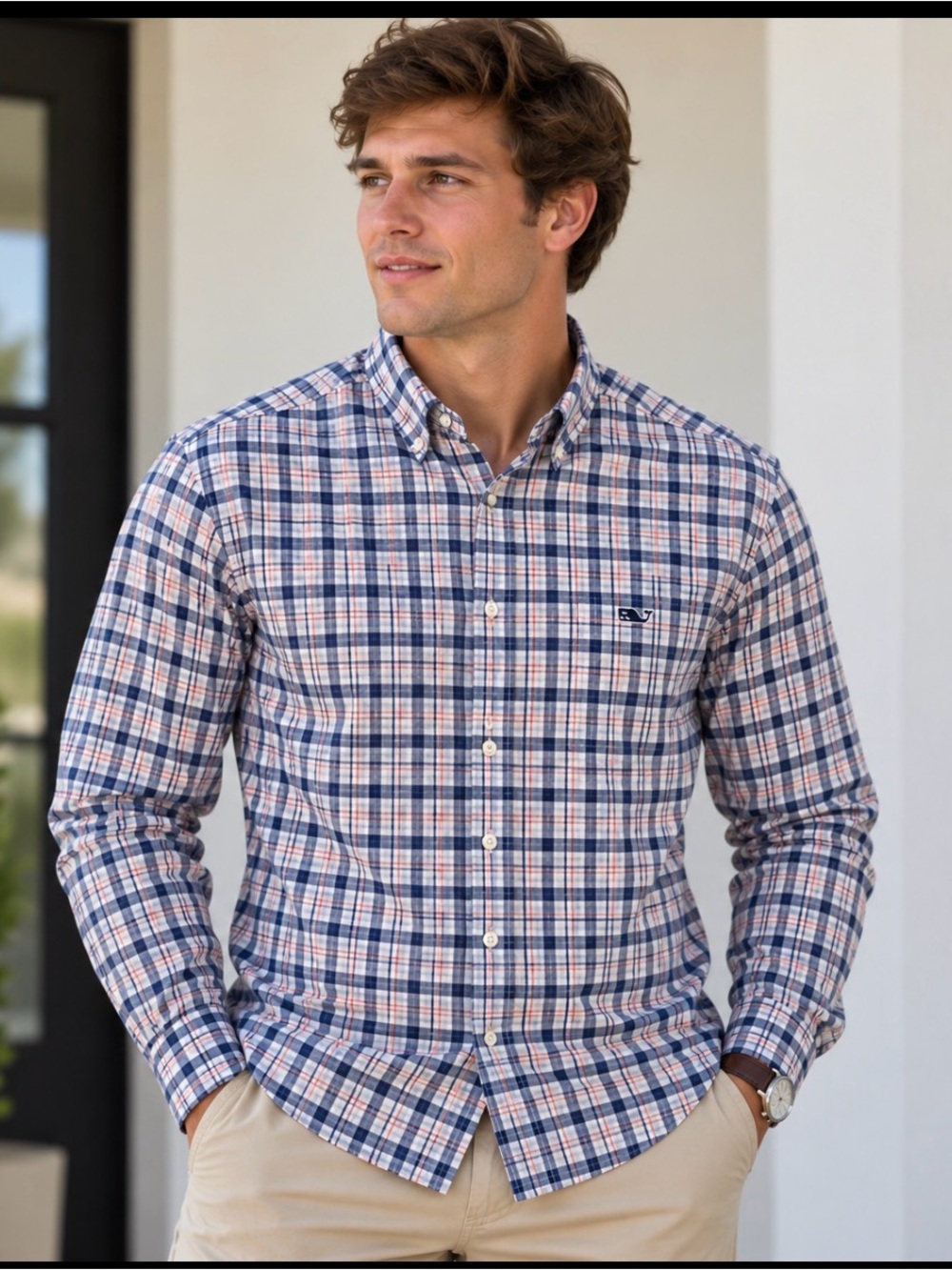 Vineyard Vines Men's Plaid Twill Large Button-Down Shirt in Blue, White & Red